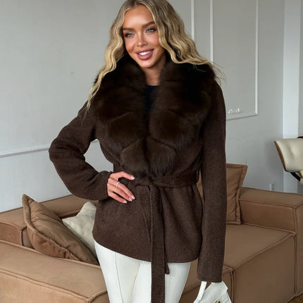 Brown Faux Fur Collar Wool Blend Belted Coats Elegant Wrap V Neck Long Sleeve Lace Up Jackets 2026 Lady Winter Autumn Outwear
