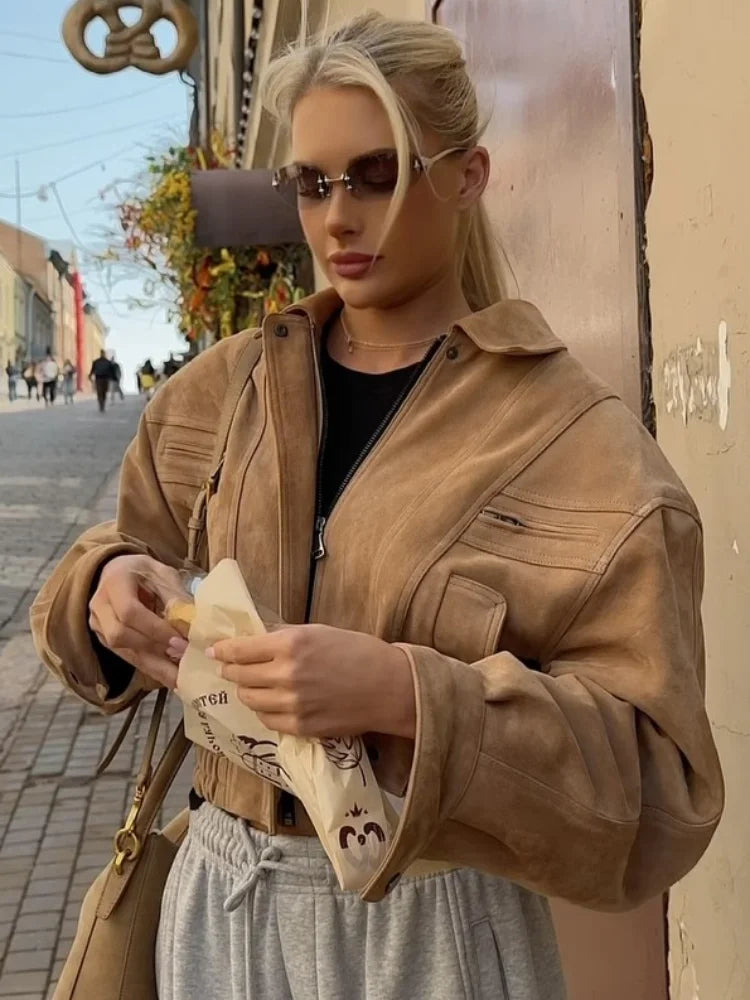 Brown Suede Leather Short Coats Women Solid Stand Collar Zipper Waist Belted Cropped Jackets 2026 Lady Autumn Y2k Casual Outwear