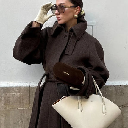 Women's Long Woolen Overcoats Stand Collar Single Breasted Lace Up Oversized Coat Autumn Winter Female Loose New Chic Outerwears
