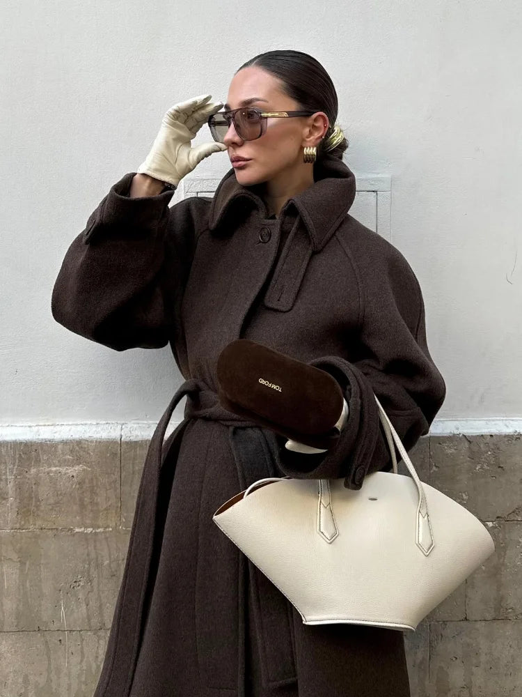 Women's Long Woolen Overcoats Stand Collar Single Breasted Lace Up Oversized Coat Autumn Winter Female Loose New Chic Outerwears