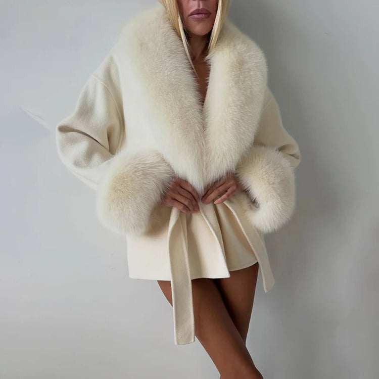 TARUXY Women Luxurious Faux Fox Fur Collar Long Jacket Elegant Solid Long-Sleeved Loose Lace Up Street Warm Coat 2026 Winter New