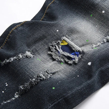 Fashion New Slim Stretch Ripped Jeans Men's Streetwear Paint Spots Denim Pants Hip Hop Punk Personality Hole Male Trousers PlatiNum