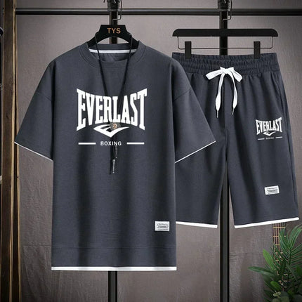 Men's Summer Outfit High Quality Round Neck Men's T-shirt 2-Piece Shorts Set Quick Dry Running Leisure.