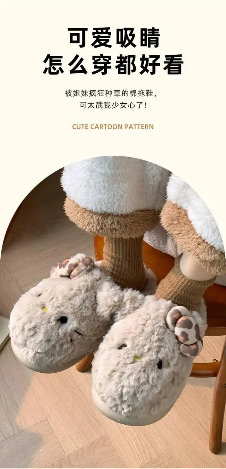 San-Rio Cute Girls Plush Slippers Cartoon Hello Kitty Winter Women Warm Cotton Shoes Female Kawaii Home Thick Sole Shoes Outdoor
