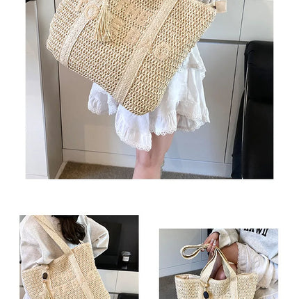 Women's Large Capacity French Style Woven Straw Bag, New Beach Vacation Crossbody Bag, Casual Commuter Tote Bag