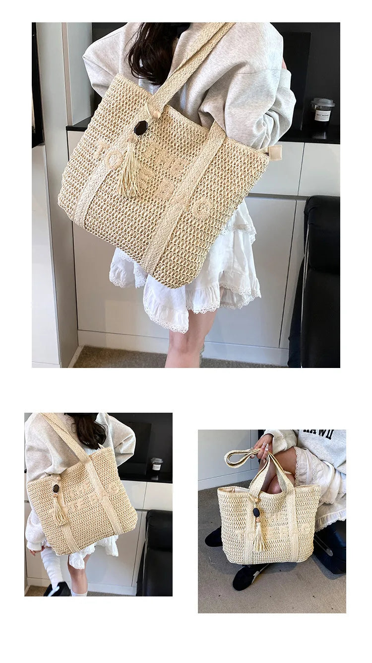 Borsa da donna in paglia intrecciata di grande capacità in stile francese, nuova borsa a tracolla per vacanze al mare, borsa tote da pendolarismo casual