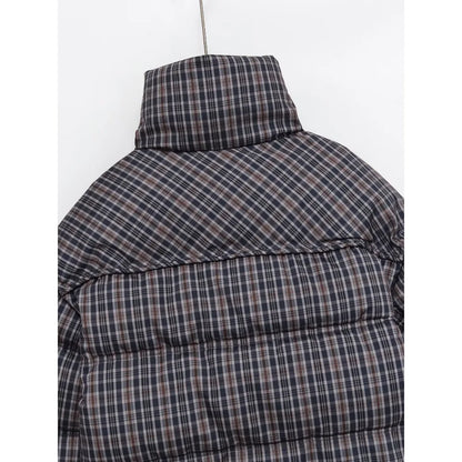 Elegant Chic Women Plaid Puffer Anorak with Adjustable Hem High Neck and Long Sleeves Zippered Coats Winter Brown Padded Jackets