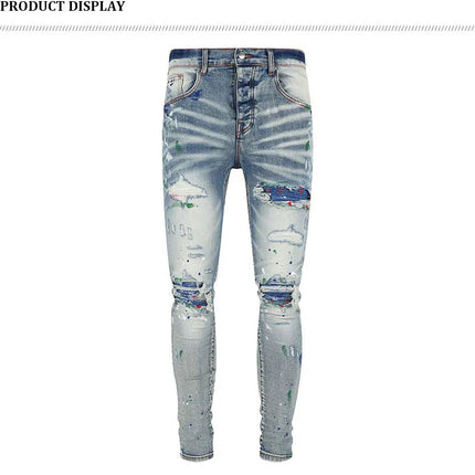 Street Fashion Men Jeans Retro Light Blue Stretch Skinny Fit Patched Ripped Jeans Men Painted Designer Brand Hip Hop Denim Pants PlatiNum