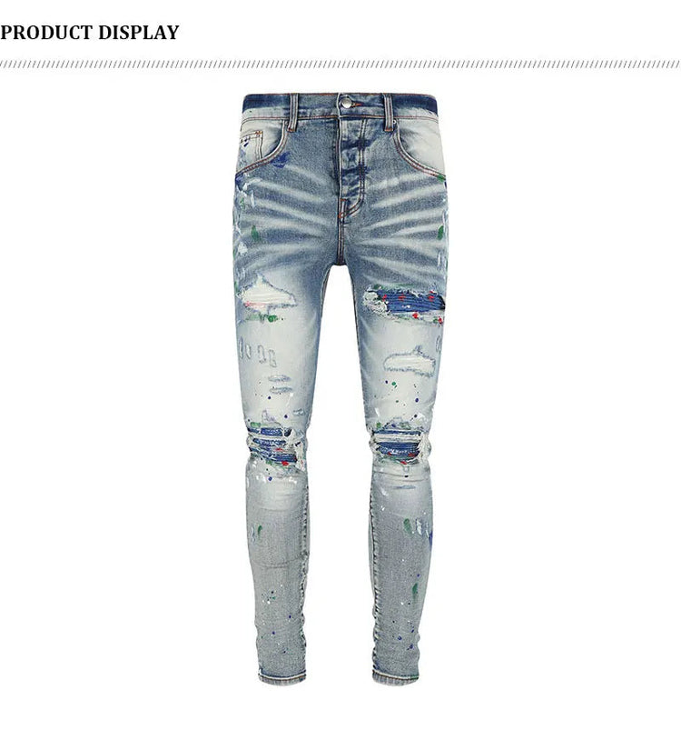 Street Fashion Men Jeans Retro Light Blue Stretch Skinny Fit Patched Ripped Jeans Men Painted Designer Brand Hip Hop Denim Pants PlatiNum