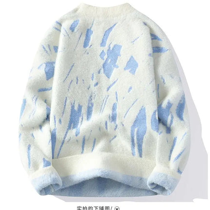 Winter Men's Thickened Fleece Sweater Irregular Jacquard Pattern Casual Round Neck Pullover Tops Striped Soft Knitted Sweaters