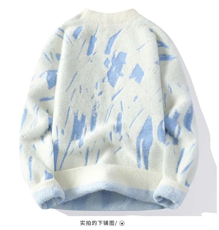Winter Men's Thickened Fleece Sweater Irregular Jacquard Pattern Casual Round Neck Pullover Tops Striped Soft Knitted Sweaters
