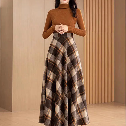 New Women Woolen Plaid Skirt Autumn Winter Fashion Elastic High Waist A-Line Wool Blended Long Skirt Simplicity Vintage Skirt PlatiNum