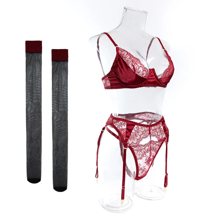 Sexy Wine Red Lace Trim Underwire Bra Lingerie Set Cut Out Garter Belt Matching Thong Intimate Sheer Nightwear Apparel Women