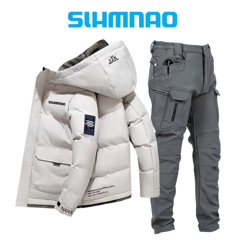 2025 Outdoor Warm Thick Jacket and Tactical Pants, Winter Windproof, Cold-resistant, Warm Fishing, Cycling, Skiing, Clothing