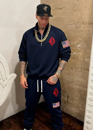 Men Retro Half-Zip Tracksuit Suit Cool Pattern Embroidery Streetwear Casual Fashion Stand Collar Zipneck Hoodie Daily Sweatpants PlatiNum