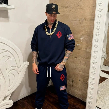 Men Retro Half-Zip Tracksuit Suit Cool Pattern Embroidery Streetwear Casual Fashion Stand Collar Zipneck Hoodie Daily Sweatpants PlatiNum