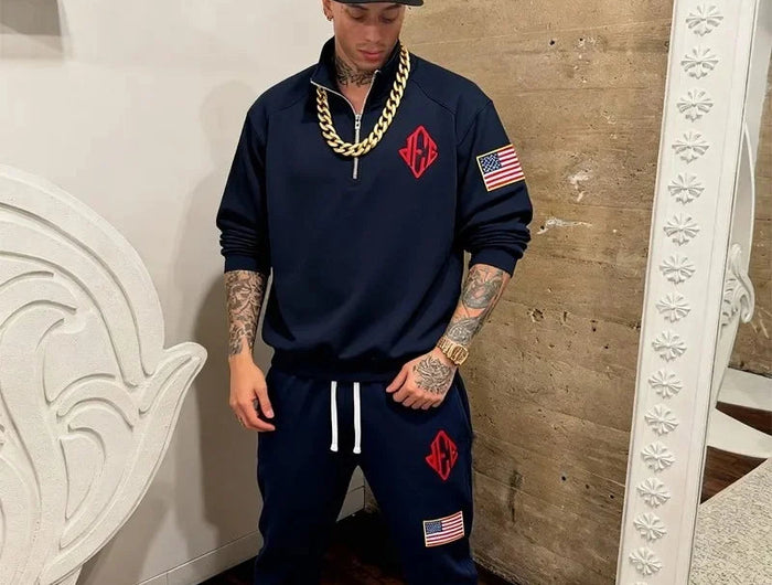 Men Retro Half-Zip Tracksuit Suit Cool Pattern Embroidery Streetwear Casual Fashion Stand Collar Zipneck Hoodie Daily Sweatpants PlatiNum