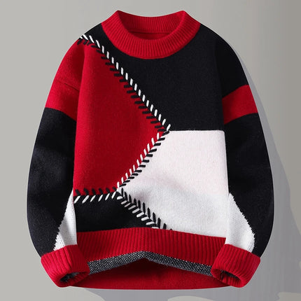 Autumn Winter Youthful Vitality Pullovers Men Fashion Patchwork O-Neck Knitted Sweater Mens Loose Warm Casual Chic Knit Sweaters