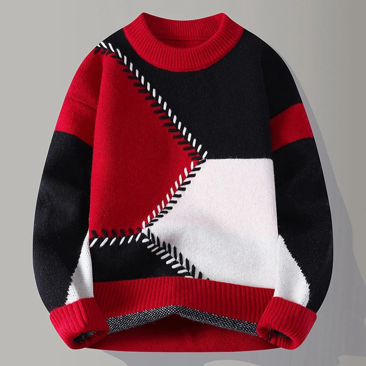 Autumn Winter Youthful Vitality Pullovers Men Fashion Patchwork O-Neck Knitted Sweater Mens Loose Warm Casual Chic Knit Sweaters