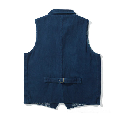 Vintage Lapel Waistcoat Men Autumn Winter New Kendo Fabric Multi-pocket Indigo Jacket Suit Vest Handmade Blue Dyed Cardigan Coat