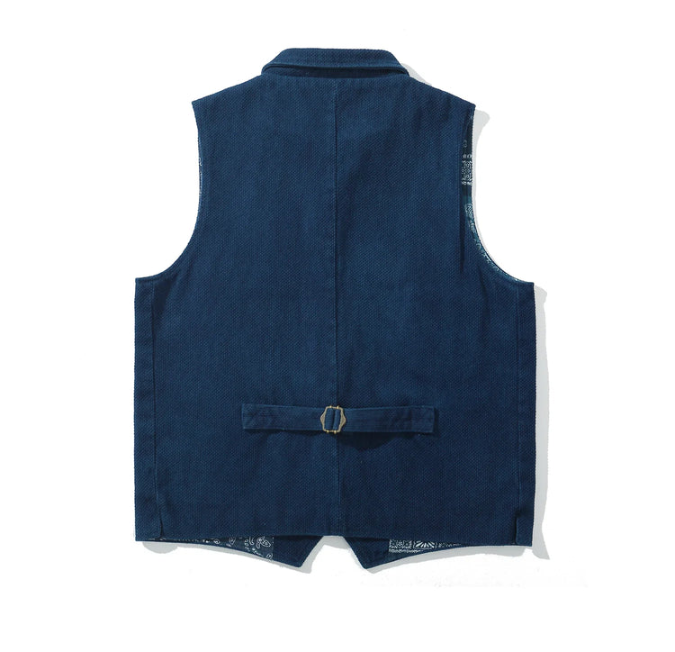 Vintage Lapel Waistcoat Men Autumn Winter New Kendo Fabric Multi-pocket Indigo Jacket Suit Vest Handmade Blue Dyed Cardigan Coat