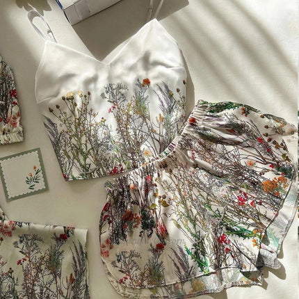 Nuovo pigiama di seta in raso per le donne Set di indumenti da notte con stampa floreale Sexy scollo a V senza maniche Top da notte Pigiama Abbigliamento per la casa Pigiama