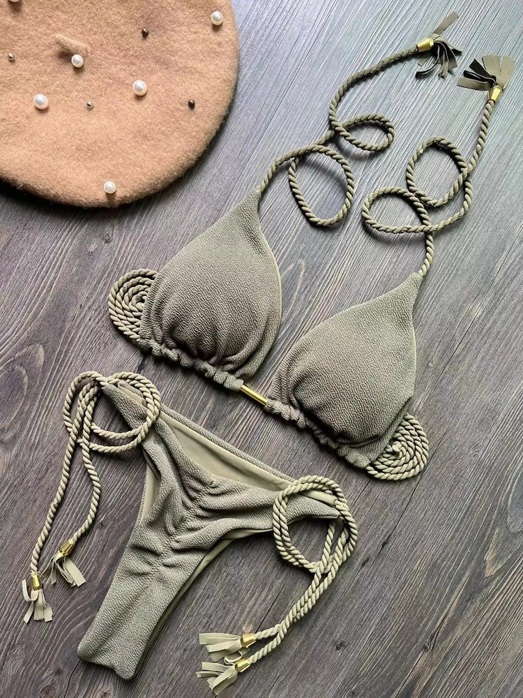 Costume da bagno bikini sexy con laccetti intrecciati, due pezzi, triangolare, stile brasiliano. platinumshop