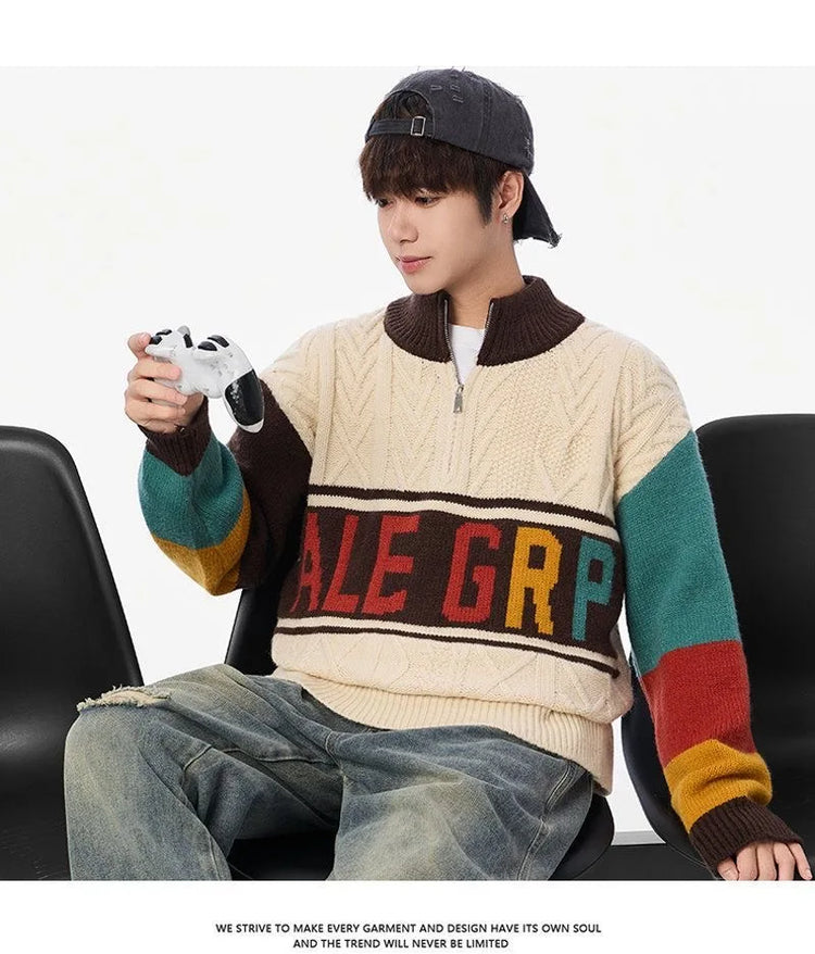 Autumn/winter Fashion Trend Retro Sports Thickened Warm Knitted Sweater Men's Loose Comfortable Large Size High Quality Sweater