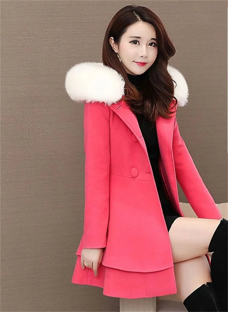 2023 New Winter Women's Woolen Blend Coat A-Line Double-Breasted Jackets Female Fur Collar Office Lady Wool Outwear