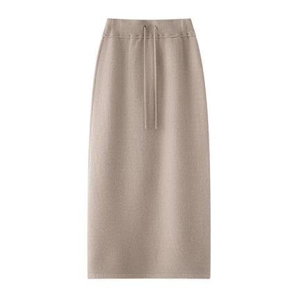 Women's Cashmere Skirts Thicken Autumn Winter Drawstring Slit Straight Long Skirt Casual 100% Cashmere Knitted High Waist Dress PlatiNum