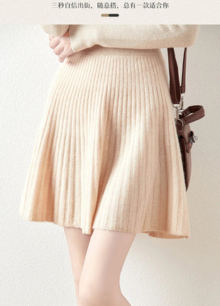 Korean Skirt 100% Merino Wool Women's Knitted Mini Skirt Autumn and Winter Women's Fashion Solid Color Small Umbrella Skirt PlatiNum