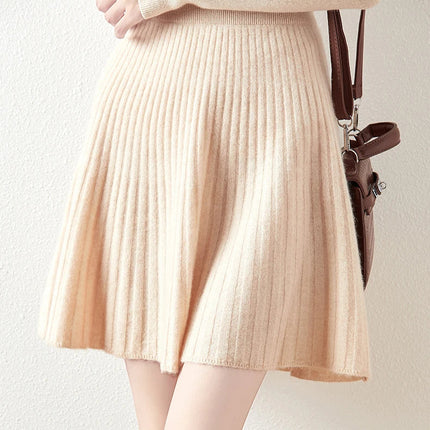 Korean Skirt 100% Merino Wool Women's Knitted Mini Skirt Autumn and Winter Women's Fashion Solid Color Small Umbrella Skirt PlatiNum
