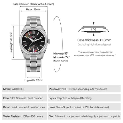 Watchdives WD0003C Ice Crack Dial 38mm Men Watch VH31 Sweep Seconds Quartz Movement Sapphire Luminous 10Bar Waterproof Watches