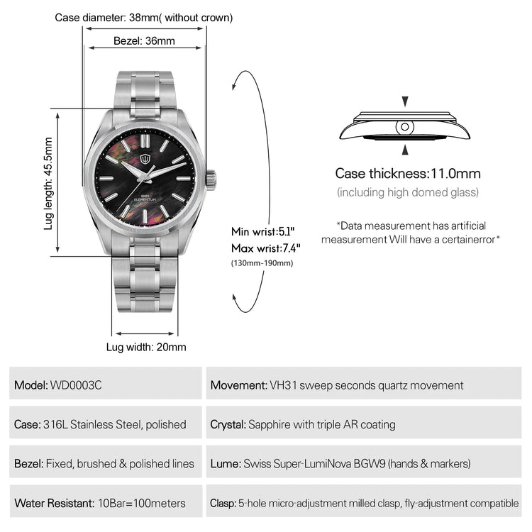 Watchdives WD0003C Ice Crack Dial 38mm Men Watch VH31 Sweep Seconds Quartz Movement Sapphire Luminous 10Bar Waterproof Watches