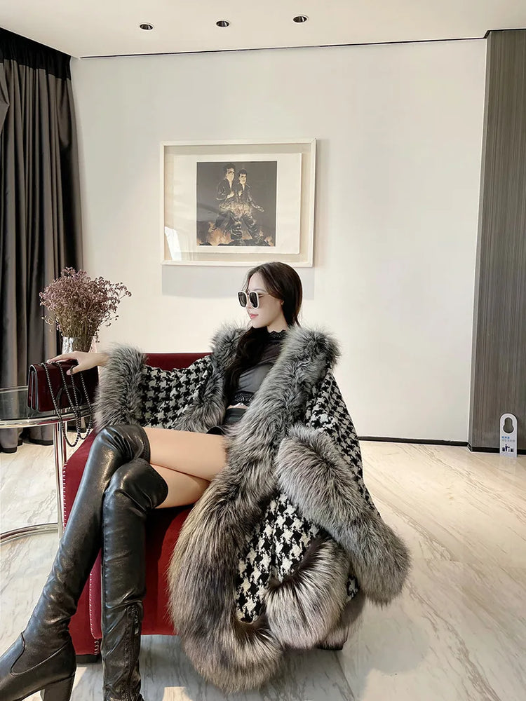 ZADORIN Autumn Winter Luxury Faux Fur Coat Women Elegant Houndstooth Tweed Warm Big Poncho Fur Shawl Cape Women Party Outerwear
