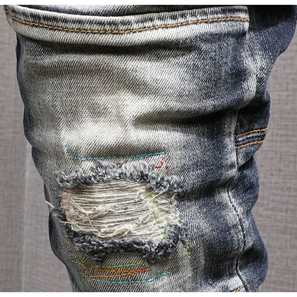 Fashion Streetwear Men Jeans Retro Black Blue Elastic Slim Fit Ripped Jeans Men Spliced Designer Embroidery Hip Hop Denim Pants PlatiNum