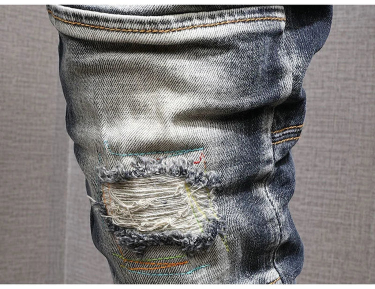 Fashion Streetwear Men Jeans Retro Black Blue Elastic Slim Fit Ripped Jeans Men Spliced Designer Embroidery Hip Hop Denim Pants PlatiNum