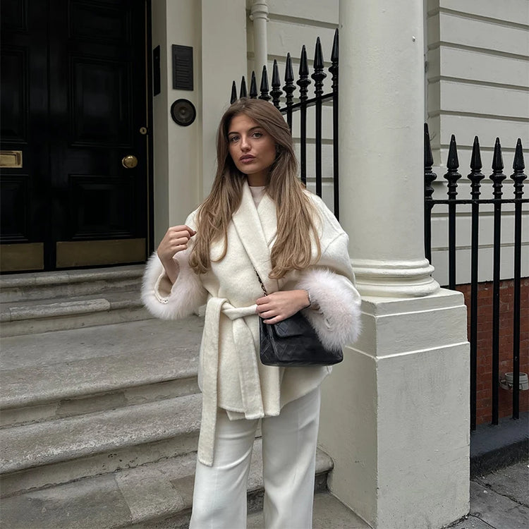 White Fur Patchwork Lace-up Overcoats Women's Street V-neck Full Sleeve Long Woolen Coat 2025 Winter New Ladies Thick Outwear