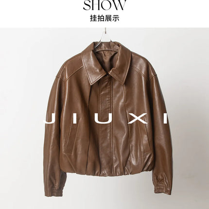 Soft Sheepskin Genuine Leather Cropped Jacket Women Lapel Zip Up Snap Button Side Pockets Casual Autumn Real Leather Outerwear