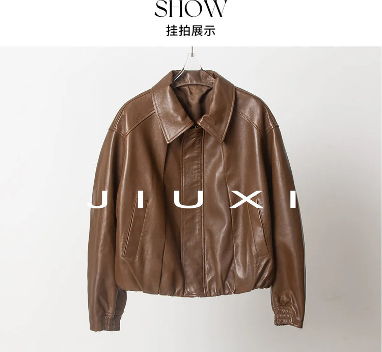 Soft Sheepskin Genuine Leather Cropped Jacket Women Lapel Zip Up Snap Button Side Pockets Casual Autumn Real Leather Outerwear