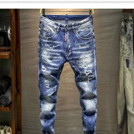 Spring and Autumn New Fashion Trend Ripped Retro Straight Leg Blue Jeans Men's Casual Loose Comfortable Breathable Denim Pants PlatiNum