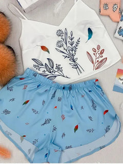 Nuovo pigiama di seta in raso per le donne Set di indumenti da notte con stampa floreale Sexy scollo a V senza maniche Top da notte Pigiama Abbigliamento per la casa Pigiama