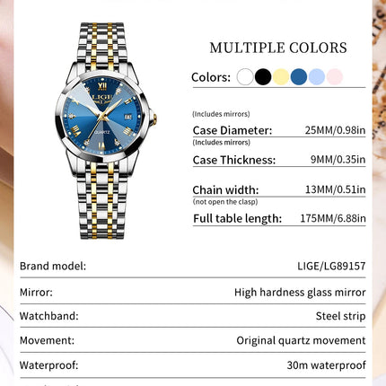 LIGE Orologio al Quarzo di Lusso per Donna, Elegante Bracciale Luminoso e Impermeabile, Regalo Ideale platinumshop