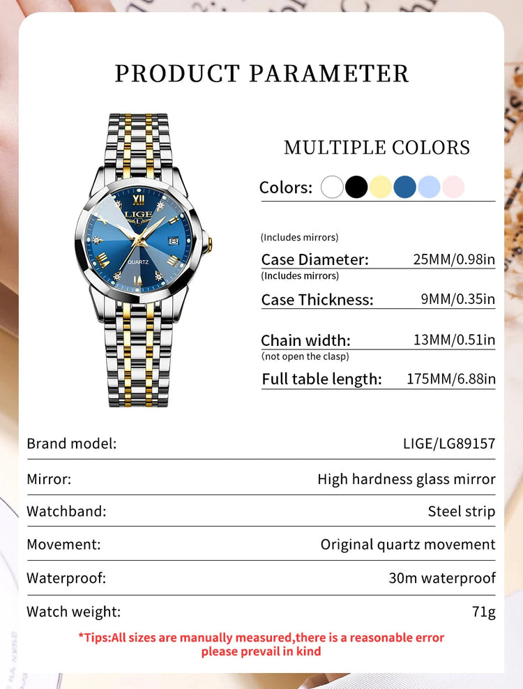 LIGE Orologio al Quarzo di Lusso per Donna, Elegante Bracciale Luminoso e Impermeabile, Regalo Ideale platinumshop