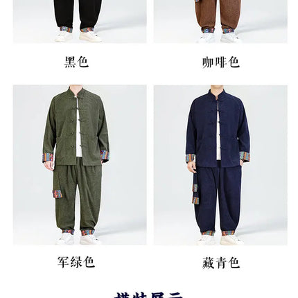 2026 Uomini di Stile Cinese Retro Tang Vestito Da Uomo di Velluto A Coste Patchwork Set Stampato Intrattenimento Musiche E Canzoni Mens Vintage Stampa Set Maschile Casual Kung Fu Vestito