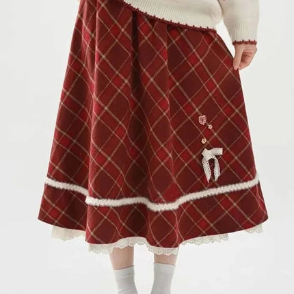Sweet Red Plaid Long Skirt Women Vintage Faux Woolen Bow Cute Skirts Lace Patchwork High Waist Korean Elegant Warm Long Skirts PlatiNum