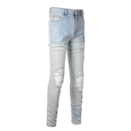 Men Pale Light Blue Biker Jeans Cracked Pleated Patch Patchwork Stretch Denim Pants Streetwear Holes Ripped Skinny Trousers PlatiNum
