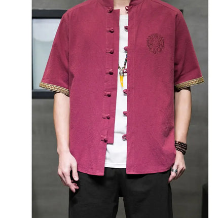 Camicie da Uomo Ricamate in Stile Cinese Retrò, Traspiranti in Lino, Comode, Casual Kung Fu, Abito Tang con Colletto Rialzato