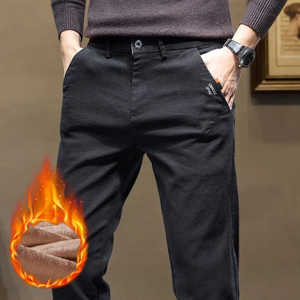Winter Fleece Men's Slim Straight Business Casual Pants Solid Color Elasticity Trousers Warm Thickened Velvet Plaid Pants Male