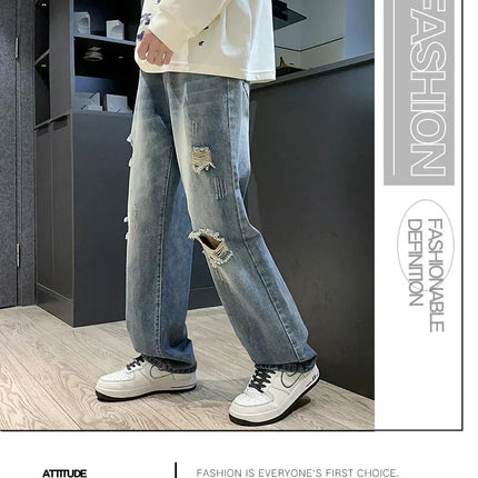 New vintage casual loose fit men's jeans with high street style straight leg denim pants for teenagers, torn knees and damaged PlatiNum
